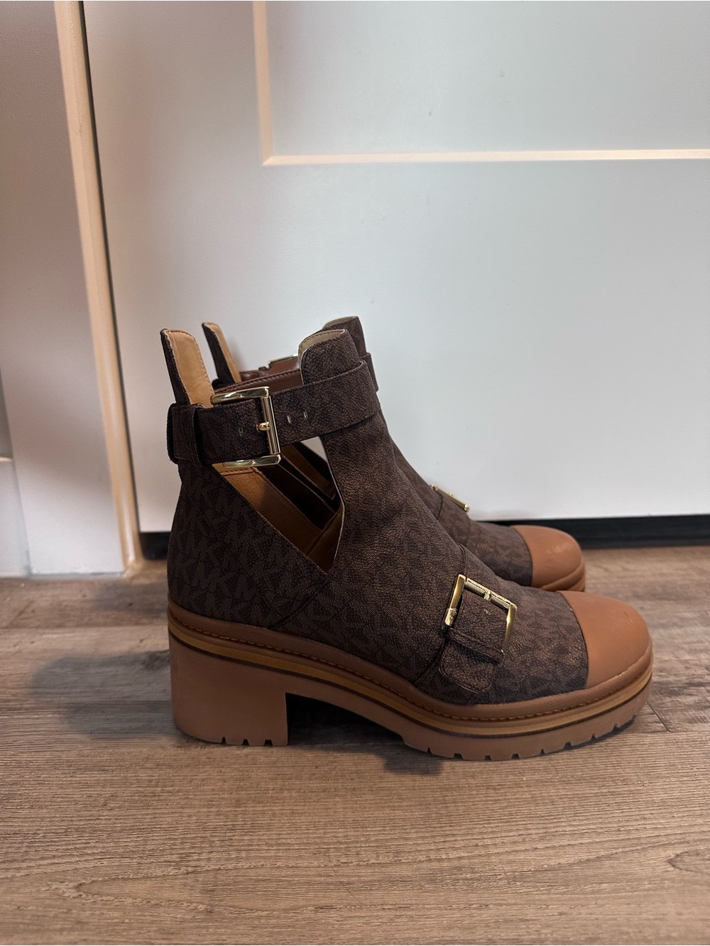 Michael Kors Brown Logo Platform Ankle Boots with Tan Toe